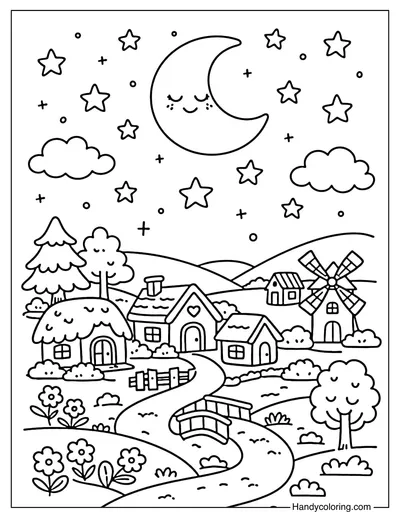 Village Under Starry Night Sky