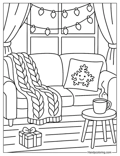 Warm Sofa Christmas Scene Coloring Page