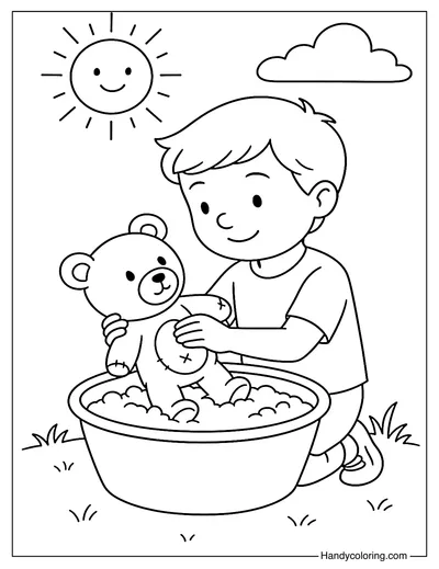 Washing Teddy for a Friend Coloring Page