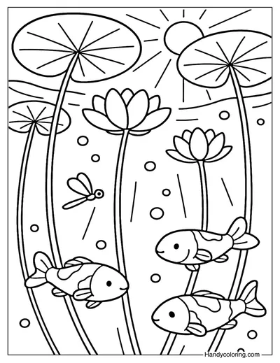 Water Lilies with Koi Fish Coloring Page