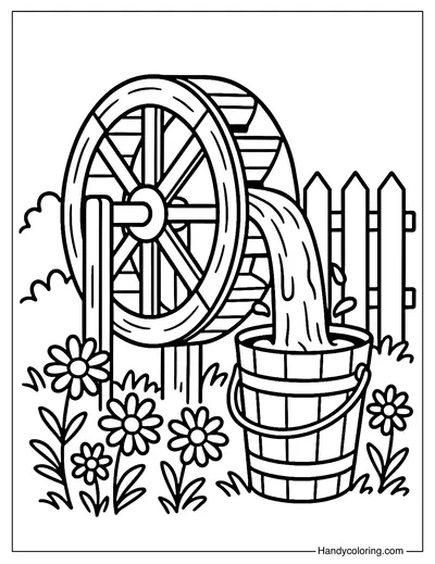 Water Wheel and Bucket Coloring Page