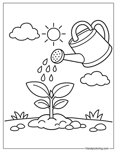 Watering Plants in Spring Coloring Page