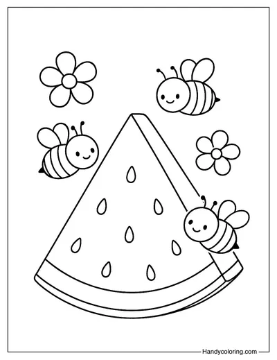 Watermelon and Bees Coloring Page