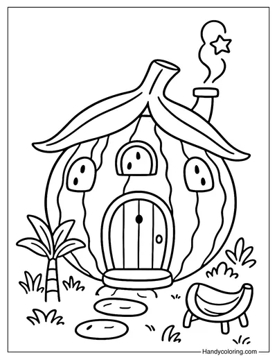 Watermelon Banana House Coloring Page