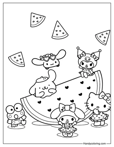 Watermelon Fun Day Sanrio Coloring Page