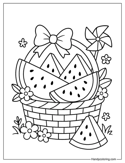 Watermelon in Summer Basket Coloring Page