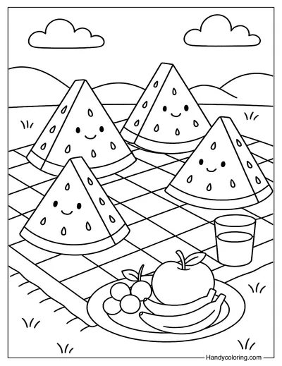 Watermelon Picnic Friends Coloring Page