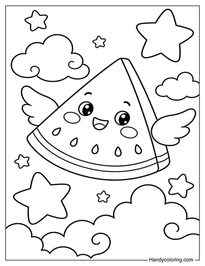 Watermelon Slice with Wings and Clouds