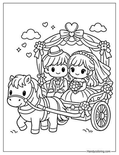 Wedding Couple in Horse Carriage Coloring Page