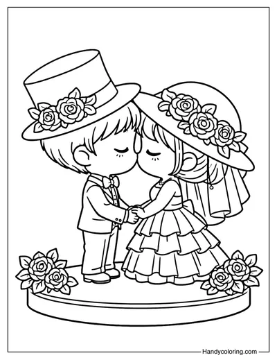 Wedding Couple with Floral Hats Coloring Page