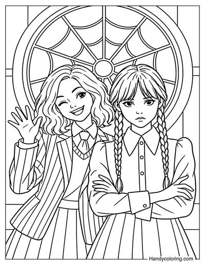 Wednesday and Enid at the Spiderweb Window