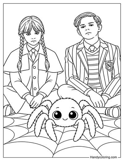 Wednesday and Pugsley with a Giant Spider