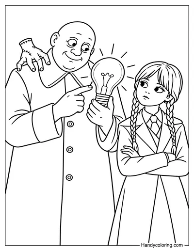 Wednesday and Uncle Fester with Light Bulb