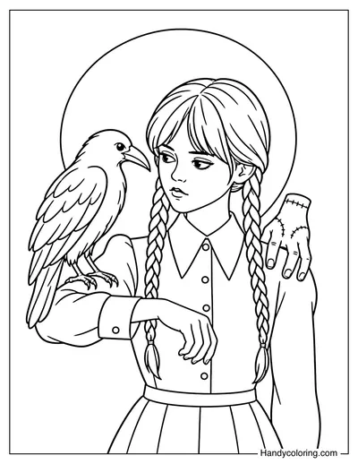 Wednesday with Raven Perched on Her Arm