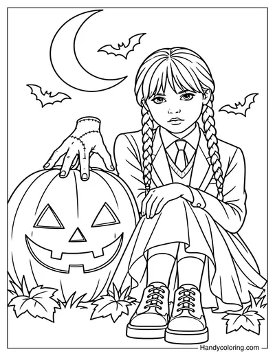 Wednesday with Thing and Halloween Pumpkin