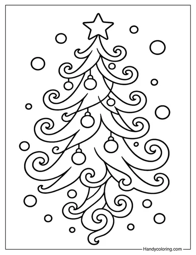 Whimsical Curly Christmas Tree Coloring Page
