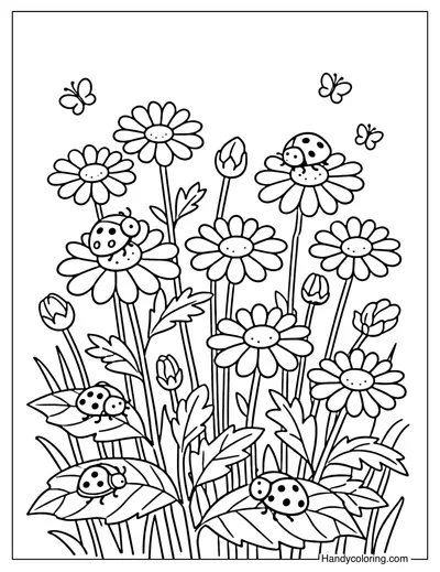 Wildflower Meadow with Ladybugs Coloring Page