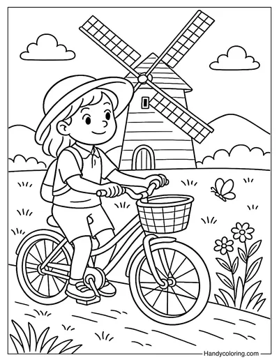 Windmill and Girl Biking Coloring Page