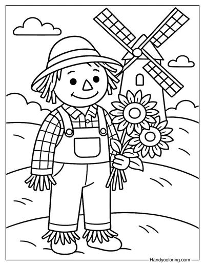 Windmill Farm Scarecrow Coloring Page