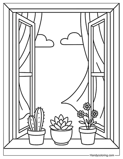 Window Breeze with Plants Coloring Page