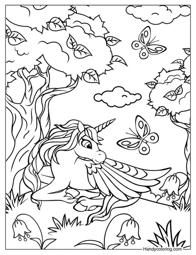 Winged Unicorn Under the Tree Coloring