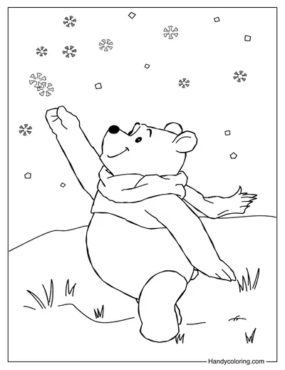 Winnie The Pooh in Winter Snow Coloring Page of Free