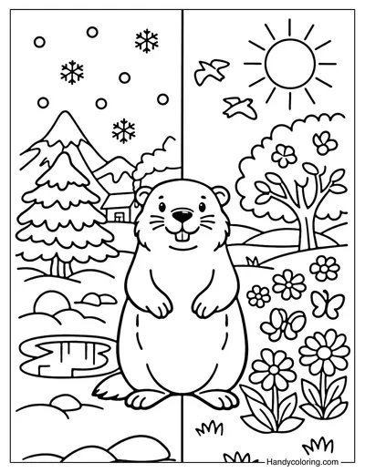 Winter and Spring Groundhog Coloring Page