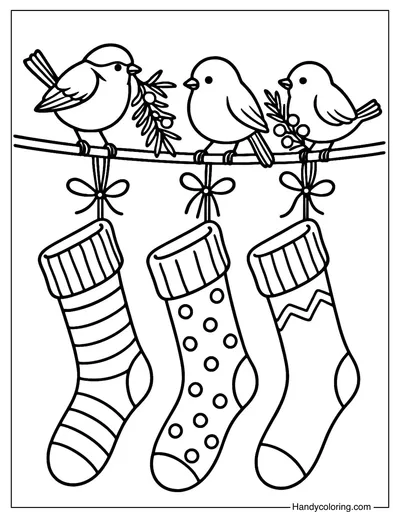 Winter Birds and Stockings Coloring Page