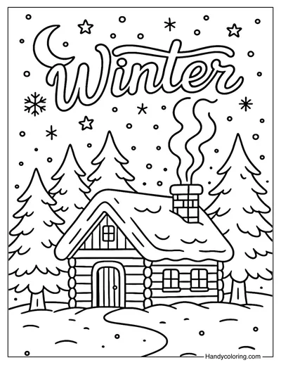 Winter Cabin Night Coloring Page