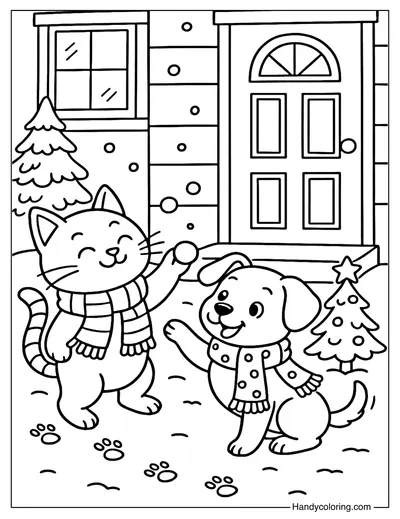Winter Cat and Dog Coloring Page