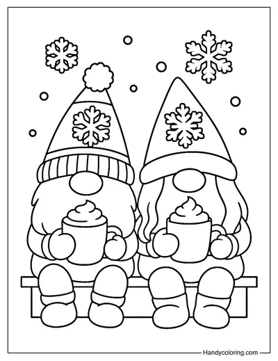 Winter Hot Cocoa Gnomes Coloring Page