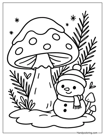 Winter Snow Mushroom Coloring Page
