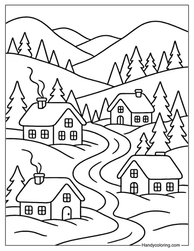 Winter Village Coloring Page