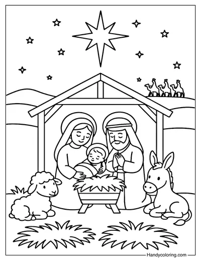 Wise Men with Nativity Scene Coloring Page