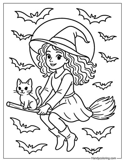 Witch and Cat on Broom Coloring Page