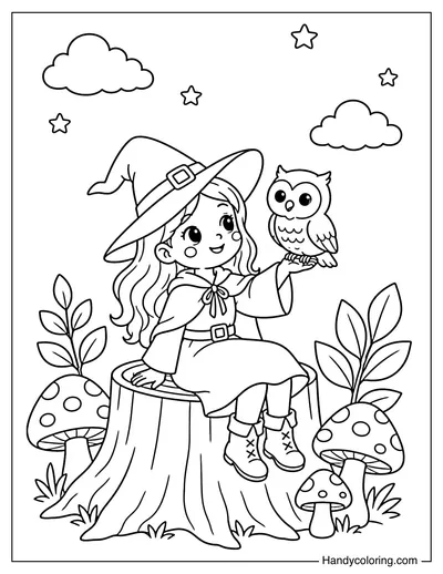 Witch and Owl on Tree Stump