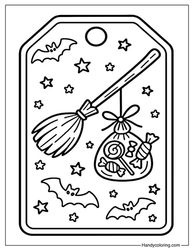 Witch Broom Candy Tag Coloring Page
