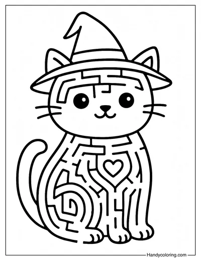 Witch Cat Maze Coloring Page