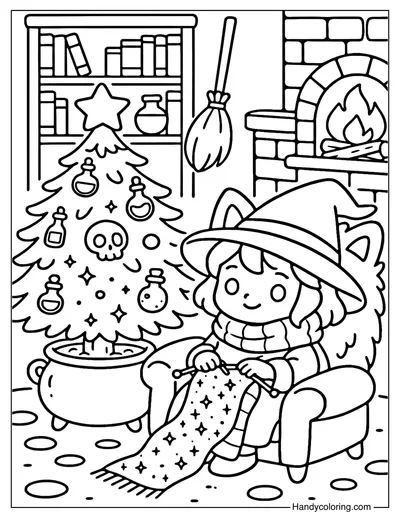 Witch Cozy Christmas Corner Coloring Page