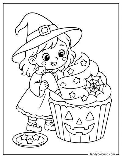 Witch Decorating a Giant Halloween Cupcake