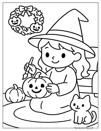 Witch Decorating Pumpkin Coloring Page