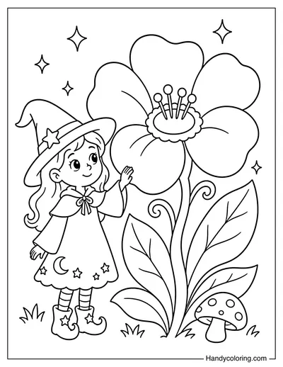 Witch Discovering a Giant Magic Flower