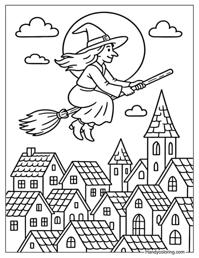 Witch Flying Over Village Coloring Page