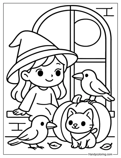 Witch Girl and Crow on Window Coloring Page