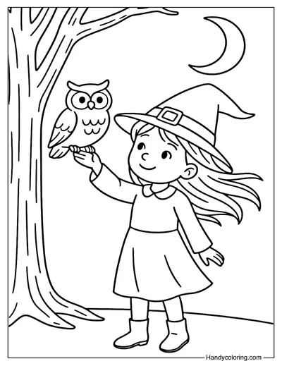 Witch Girl and Owl Friend Coloring Page
