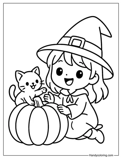 Witch Girl and Pumpkin Cat Coloring Page