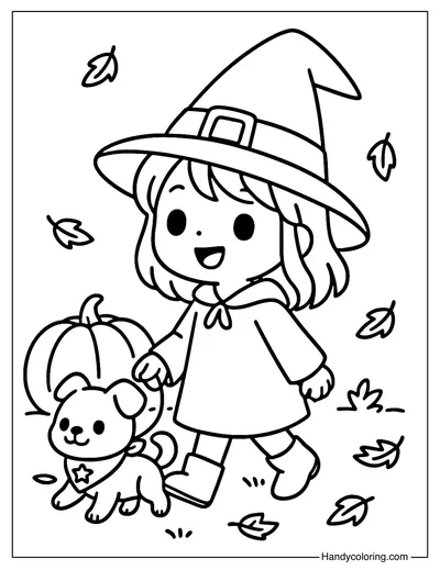 Witch Girl Walking Dog Familiar Coloring Page