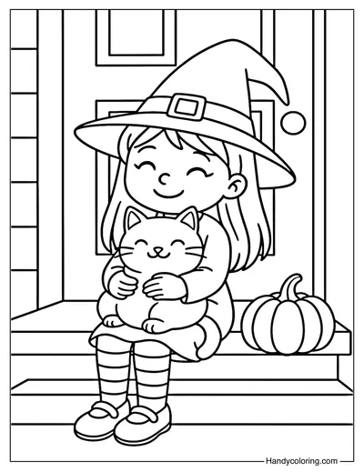 Witch Girl with Black Cat Coloring Page