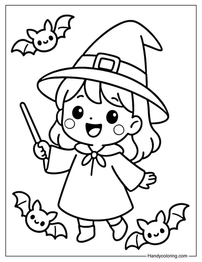Witch Girl with Friendly Bats Coloring Page