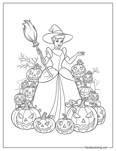Witch Halloween Cinderella Coloring Page